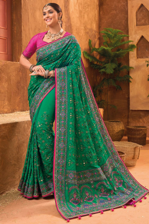 Emerald Green Pure Kutchi Handwork Banarasi Silk Saree