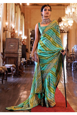 Firozi and Olive Green Embellished Georgette Saree