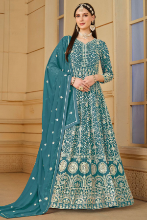 Firozi Blue Embroidered Faux Georgette Anarkali Suit