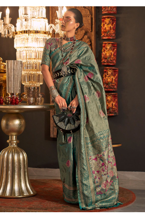 Firozi Zari Woven Handloom Silk Saree