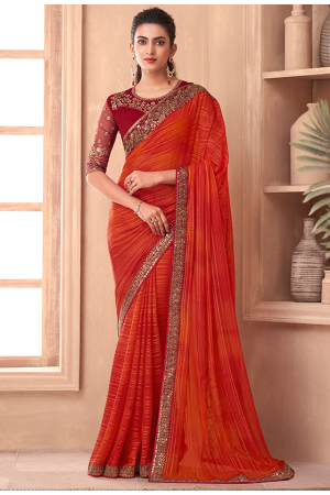 Flame Orange Silk Saree with Embroidered Blouse