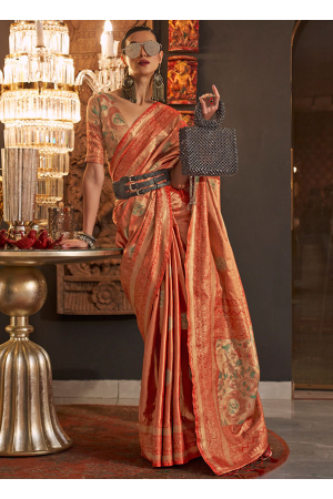 Flame Orange Zari Woven Handloom Silk Saree