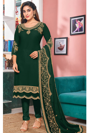 Forest Green Embroidered Faux Georgette Churidar Kameez