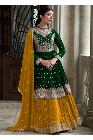 Forest Green Embroidered Faux Georgette Lehenga Kameez