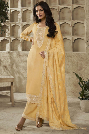 Golden Cream Embroidered Party Wear Palazzo Kameez
