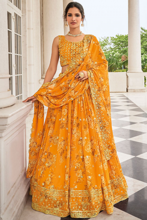 Golden Yellow Embroidered Faux Georgette Lehenga Choli