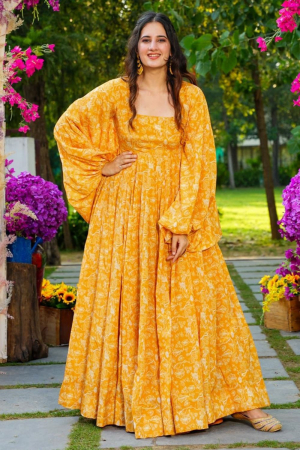 Golden Yellow Heavy Georgette Digital Printed Gown
