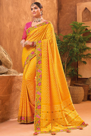 Golden Yellow Pure Kutchi Handwork Banarasi Silk Saree