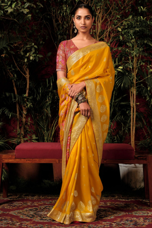 Golden Yellow Pure Viscose Dola Silk Zari Woven Saree for Wedding