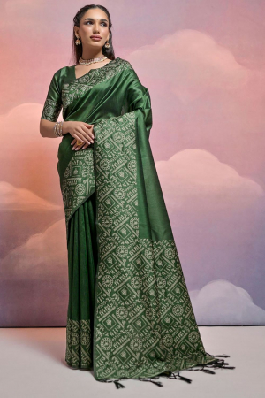 Green Handloom Raw Silk Woven Saree