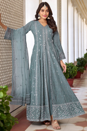 Grey Embroidered Faux Georgette Pant Kameez