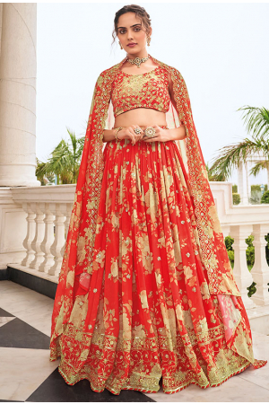 Hot Red Embroidered Faux Georgette Lehenga Choli