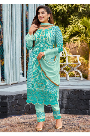 Ice Blue Embroidered Faux Georgette Pant Kameez