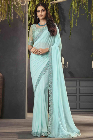 Vvani by Vani Vats | Ice Blue Satin Chiffon Saree Set – LIVEtheCOLLECTIVE