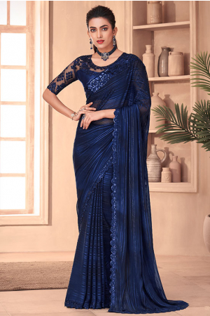 Indigo Blue Silk Saree with Embroidered Blouse