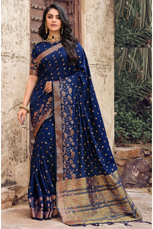 Indigo Blue Woven Raw Silk Saree