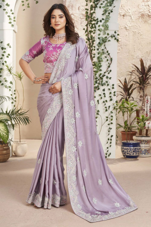 Lavender Heavy Embroidered Designer Saree