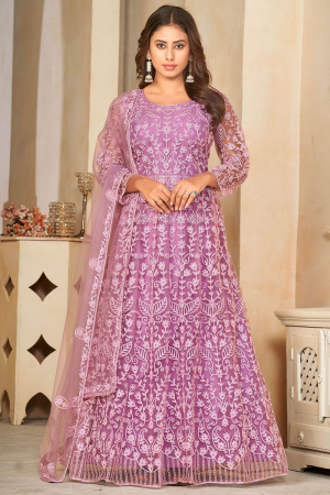 Lilac Pink Embroidered Net Anarkali Dress for Festival