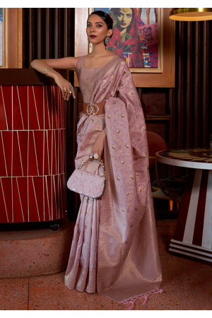 Lilac Pink Woven Tussar Handloom Silk Saree