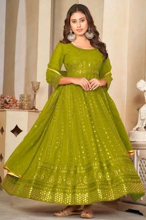 Lime Green Embroidered Georgette Anarkali Suit for Festival