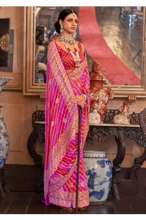 Magenta and Hot Red Embellished Georgette Saree