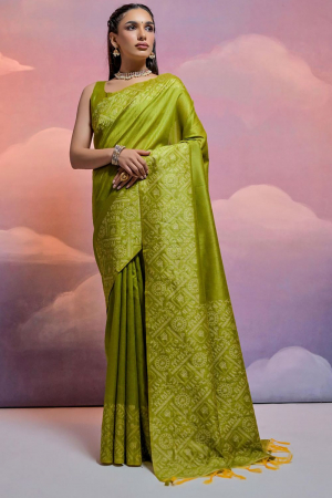 Mahendi Green Handloom Raw Silk Woven Saree