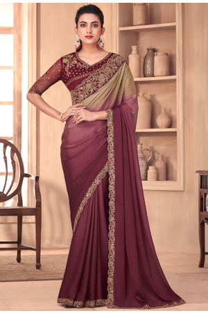Maroon and Beige Silk Saree with Embroidered Blouse