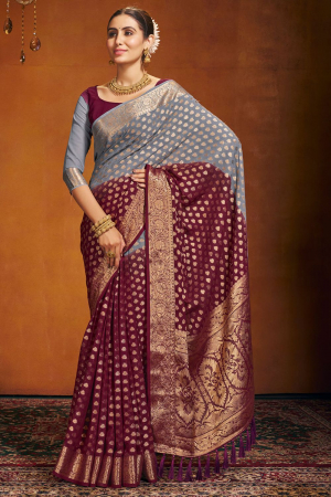 Maroon and Grey Georgette Party Wear Saree