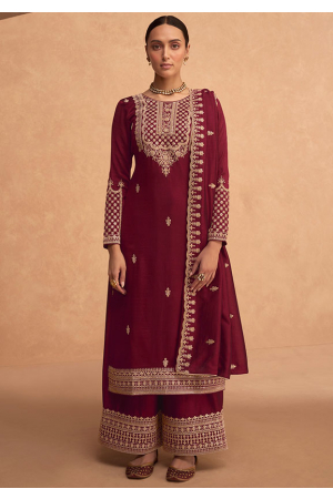 Maroon Embroidered Faux Georgette Palazzo Kameez