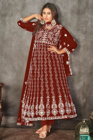 Maroon Embroidered Net Festival Wear Anarkali Dress