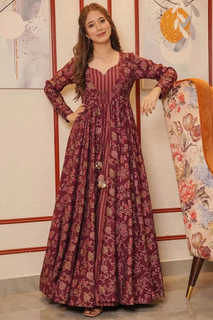Maroon Faux Georgette Gown with Muslin Shrug