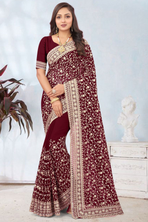 Maroon Georgette Cord Embroidered Saree
