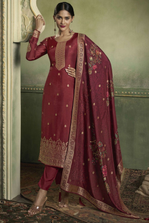 Maroon Viscose Jacquard Party Wear Readymade Suit