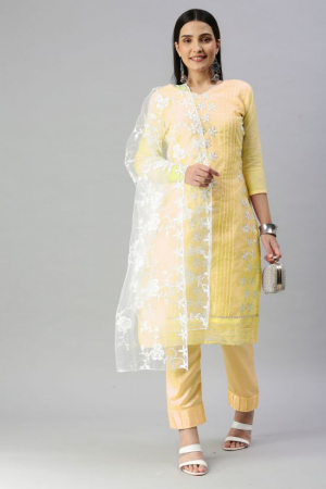 Yellow Chanderi Cotton Trouser Kameez Suit