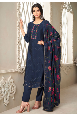 Midnight Blue Embroidered Chinnon Pant Kameez