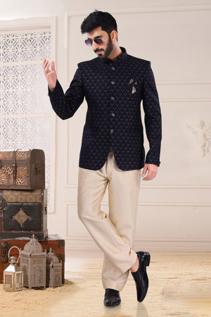 Midnight Blue Jacquard Jodhpuri Suit