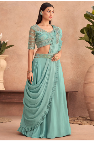 Lehenga Style Saree Online | Buy Turquoise Ready To Wear Lehenga Saree-hdcinema.vn