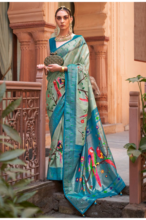 Mint Blue Woven Paithani Silk Saree