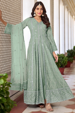 Mint Green Embroidered Faux Georgette Pant Kameez