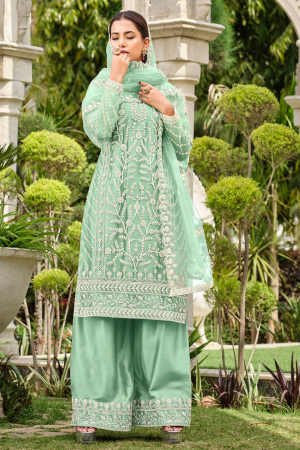 Mint Green Pure Butterfly Net Palazzo Suit