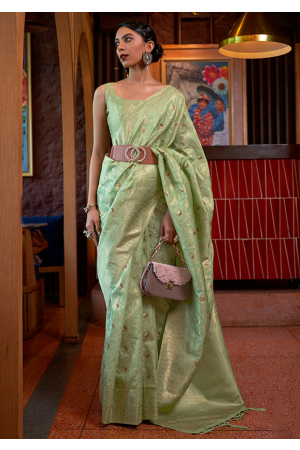 Mint Green Woven Tussar Handloom Silk Saree
