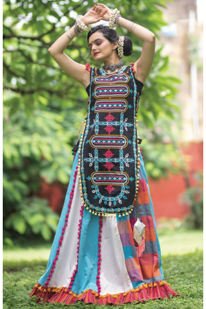 Multicolor Embroidered Hand Spun Cotton Skirt with Top