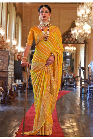 Mustard and Lime Green Embellished Georgette Saree