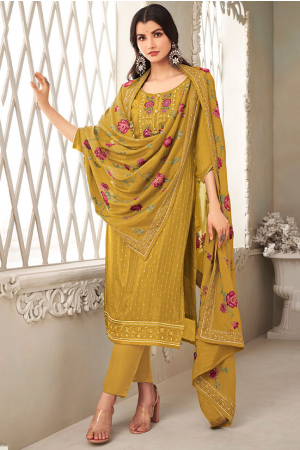Mustard Embroidered Chinnon Pant Kameez