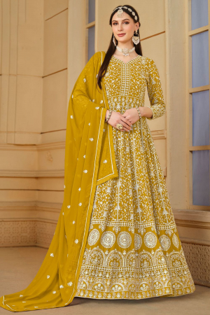 Mustard Embroidered Faux Georgette Anarkali Suit