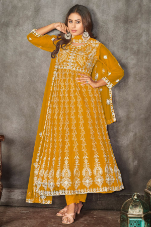 Mustard Embroidered Net Festival Wear Anarkali Dress