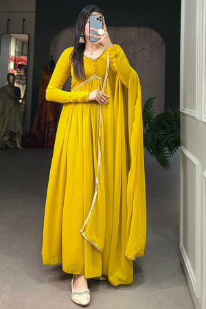 Mustard Yellow Georgette Gown with Dupatta