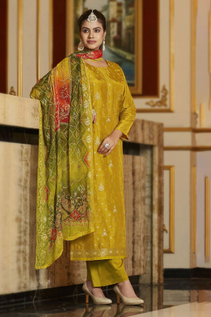 Mustard Yellow Pure Viscose Dola Jacquard Suit for Festival