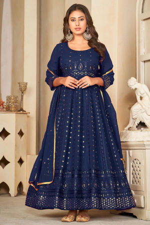 Navy Blue Embroidered Georgette Anarkali Suit for Party