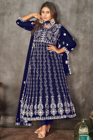 Navy Blue Embroidered Net Festival Wear Anarkali Dress